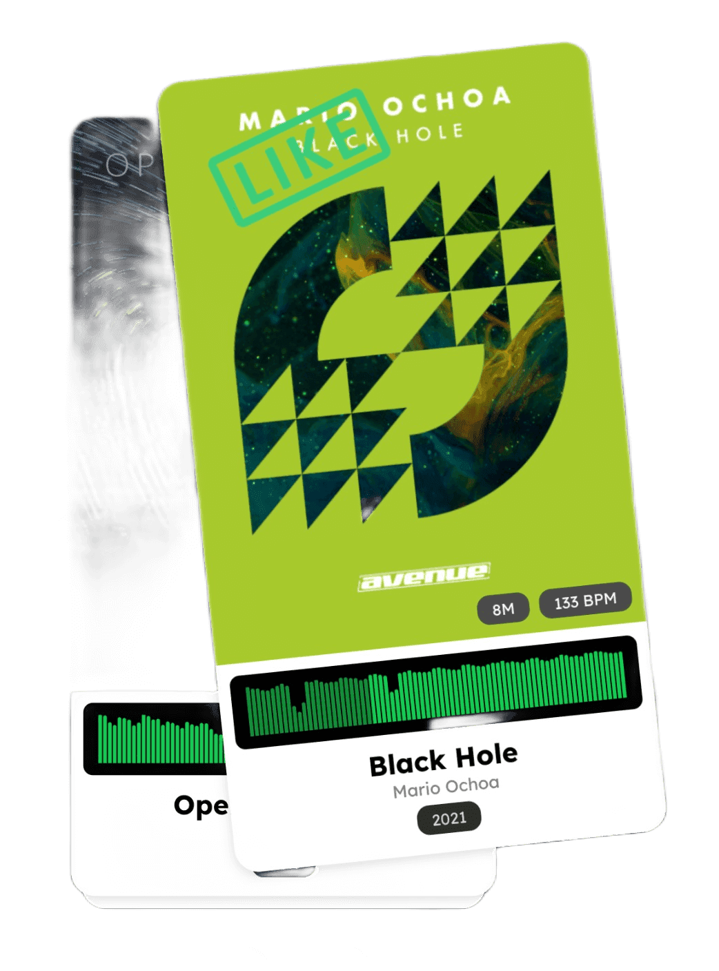 Swipe interface showing a liked track card